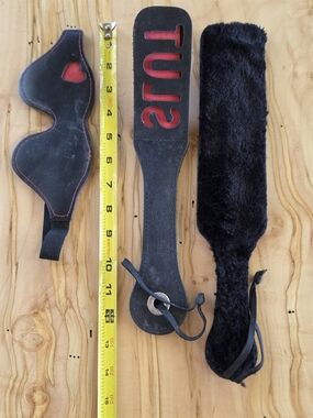 Black Leather and Faux Fur Paddle Set BDSM Costume Adult Play Vintage Set/3